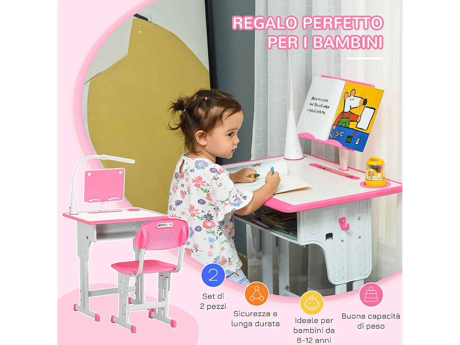 Banco scuola con sedia età 6-12 anni altezza regolabile lampada