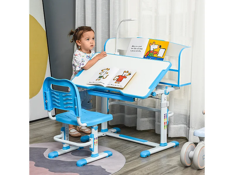 Banco scuola per bambini con luce led, leggio e portapenne azzurro