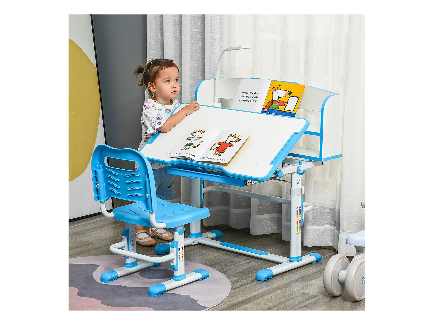 Banco scuola per bambini con luce led, leggio e portapenne azzurro