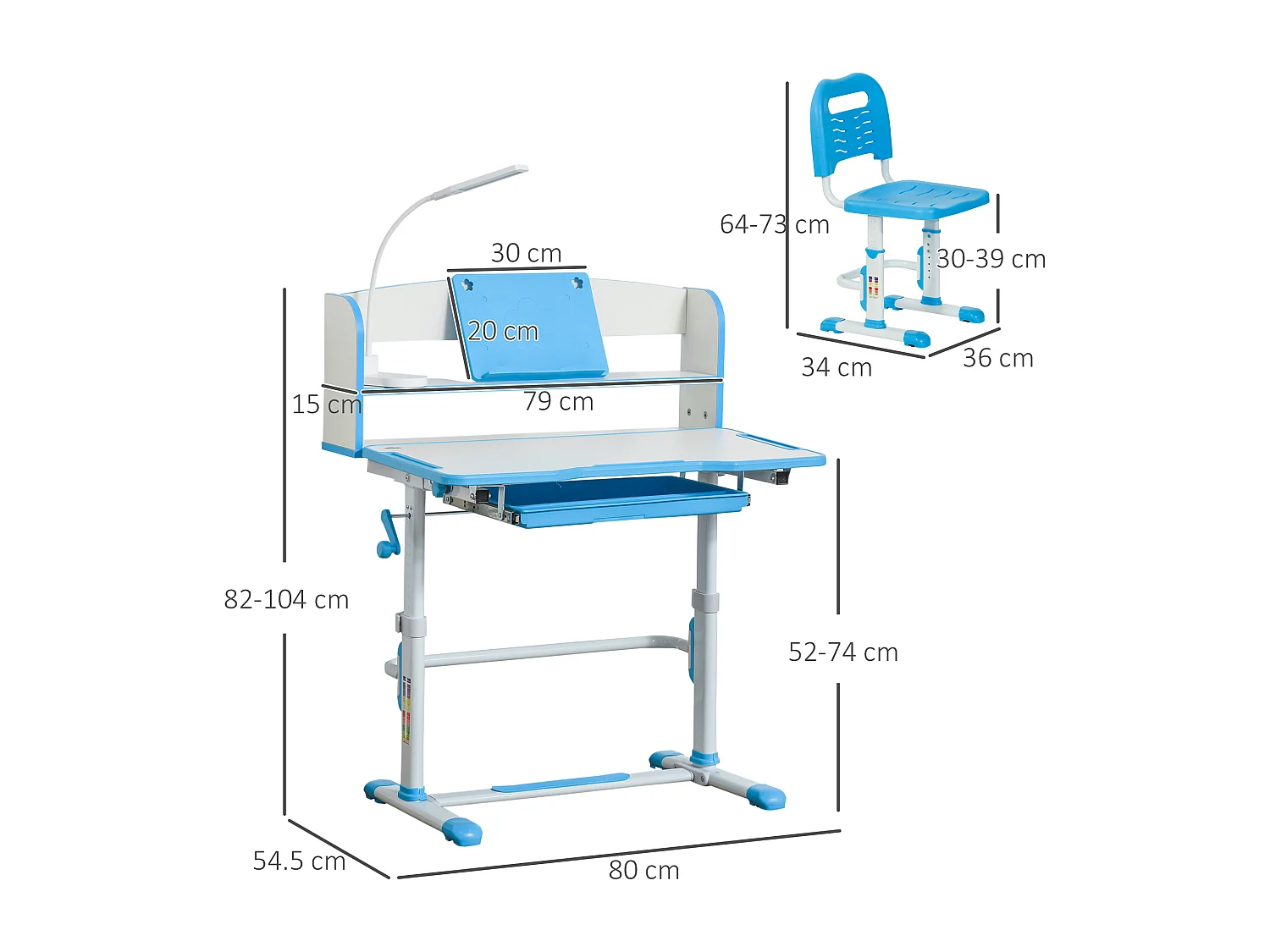 Banco scuola per bambini con luce led, leggio e portapenne azzurro