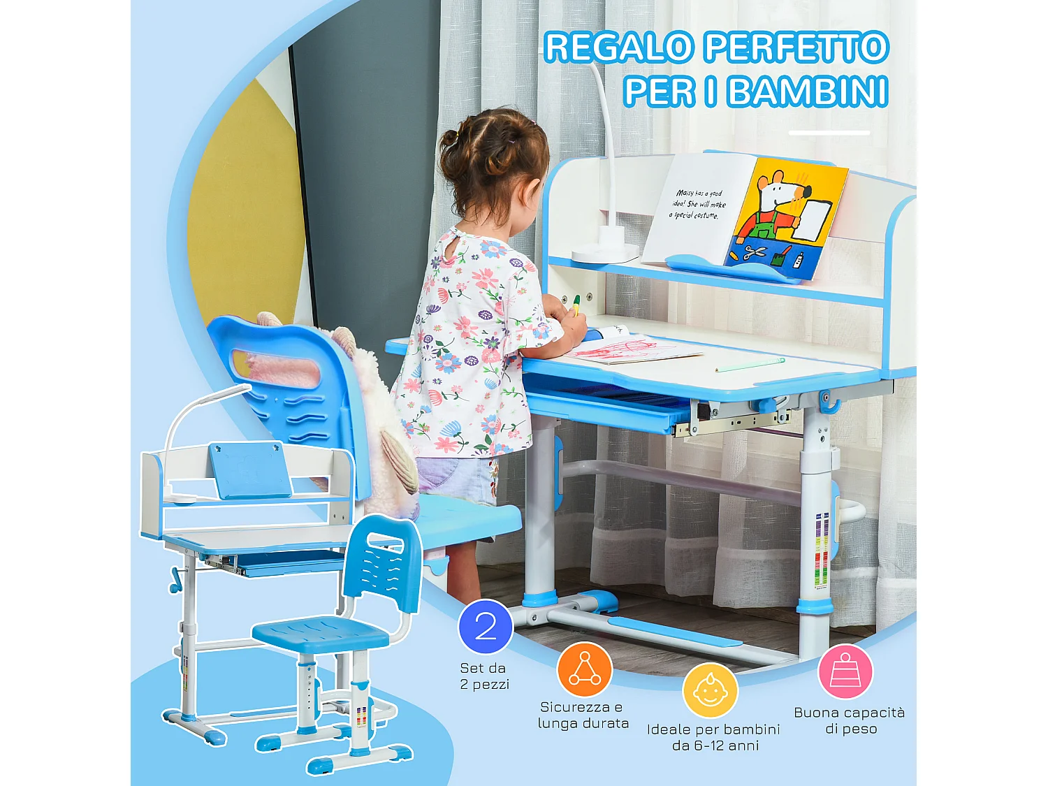 Banco scuola per bambini con luce led, leggio e portapenne azzurro