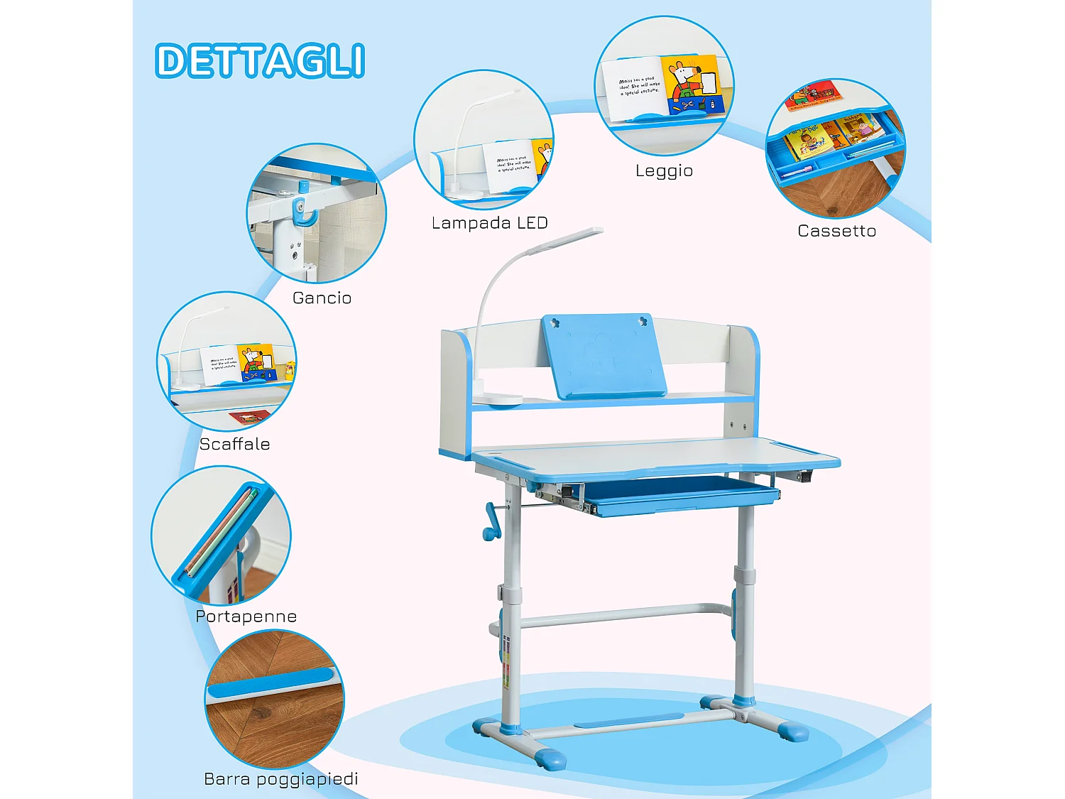 Banco scuola per bambini con luce led, leggio e portapenne azzurro
