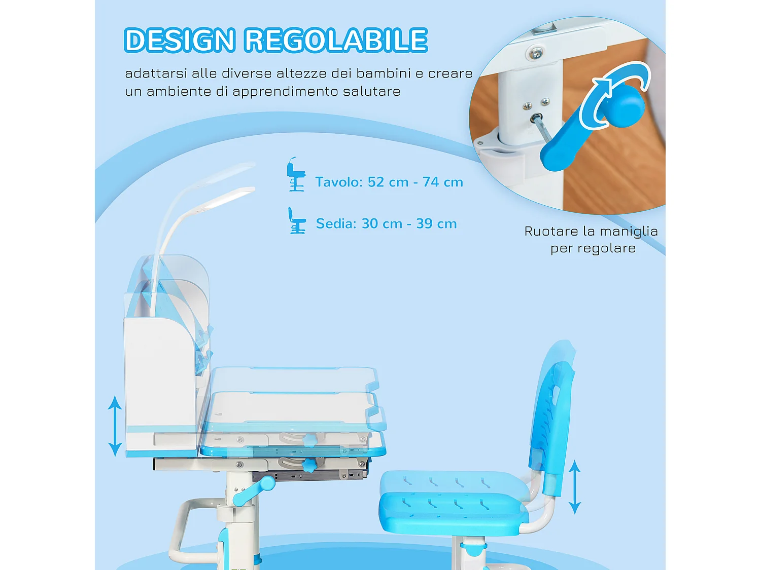 Banco scuola per bambini con luce led, leggio e portapenne azzurro