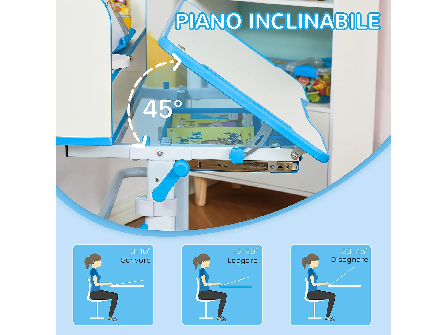 Banco scuola per bambini con luce led, leggio e portapenne azzurro