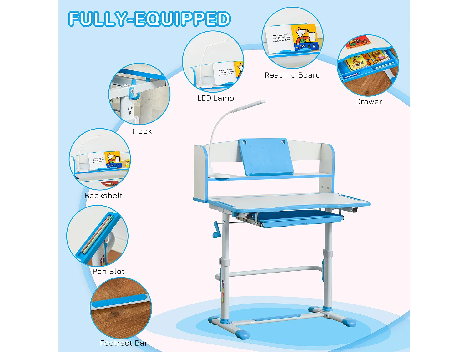 Banco scuola per bambini con luce led, leggio e portapenne azzurro