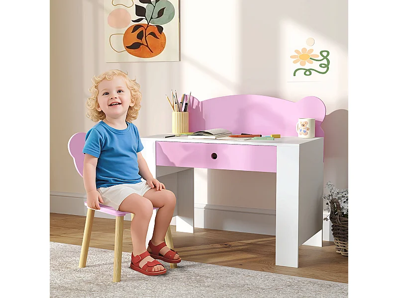 Set scrivania per bambini 3-8 anni con sedia a orsetto rosa