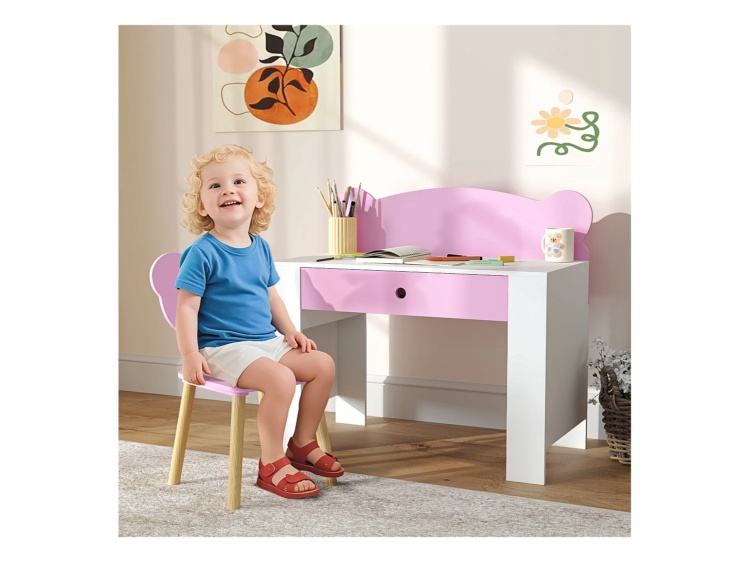 Set scrivania per bambini 3-8 anni con sedia a orsetto rosa