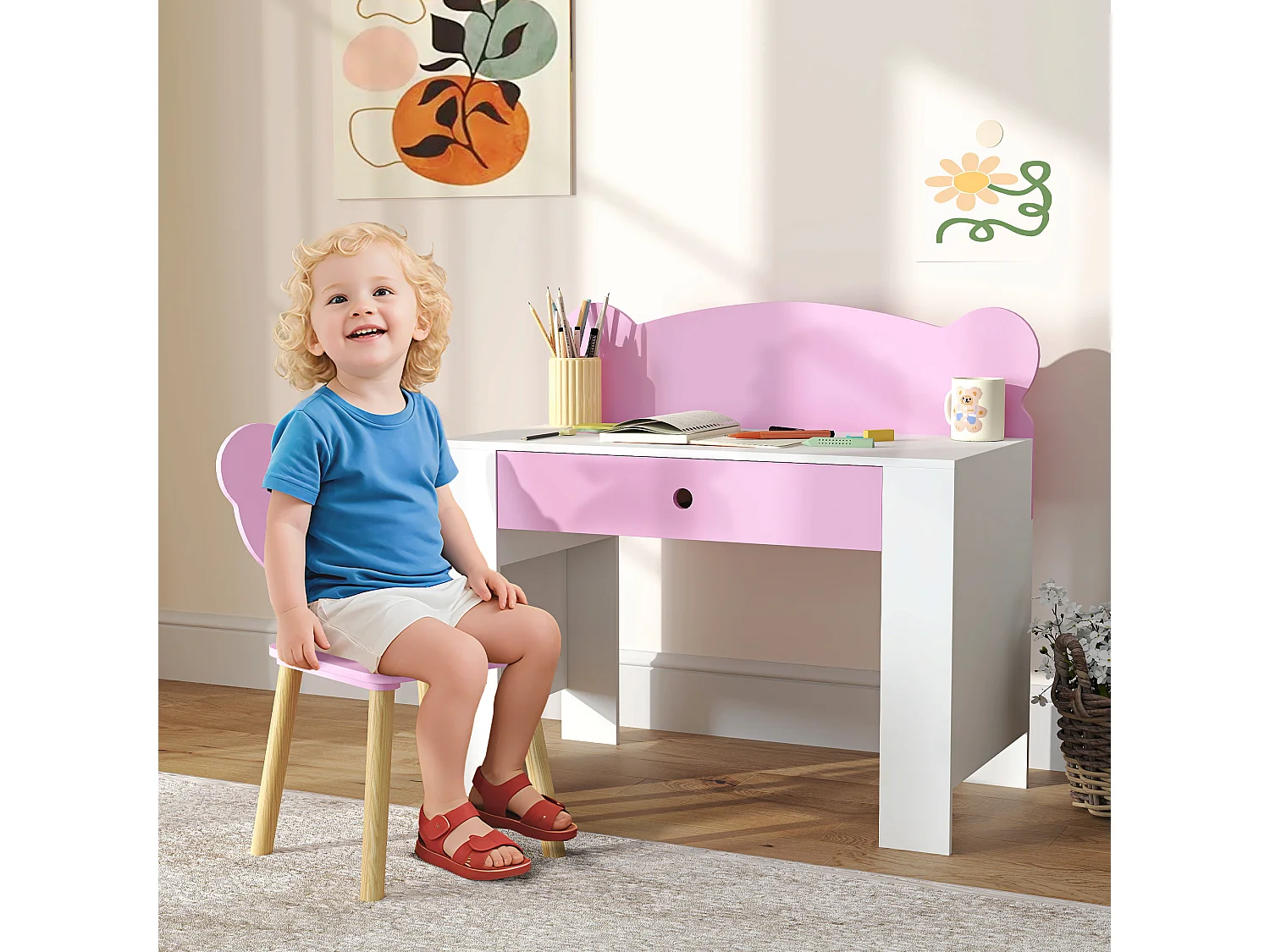 Set scrivania per bambini 3-8 anni con sedia a orsetto rosa