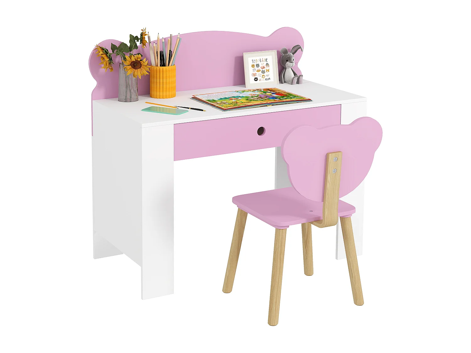 Set scrivania per bambini 3-8 anni con sedia a orsetto rosa