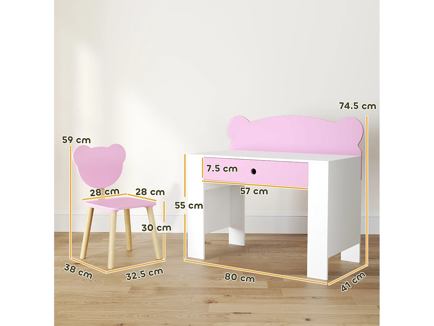 Set scrivania per bambini 3-8 anni con sedia a orsetto rosa
