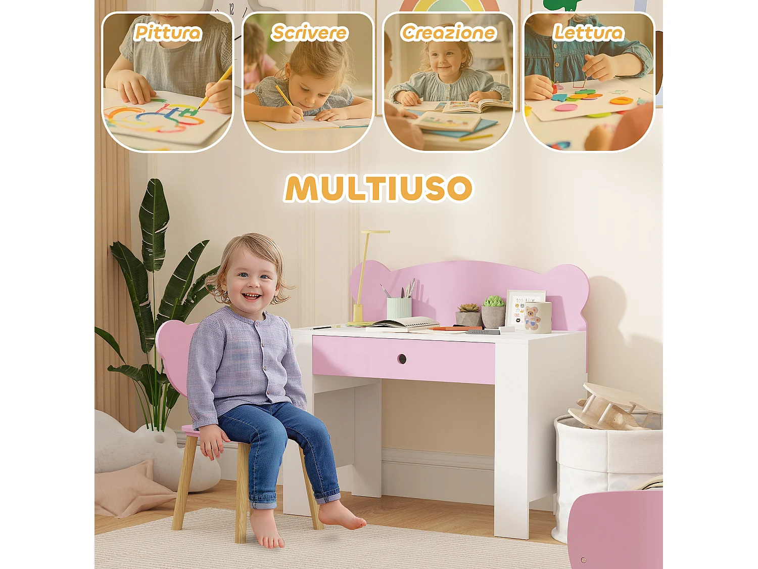 Set scrivania per bambini 3-8 anni con sedia a orsetto rosa