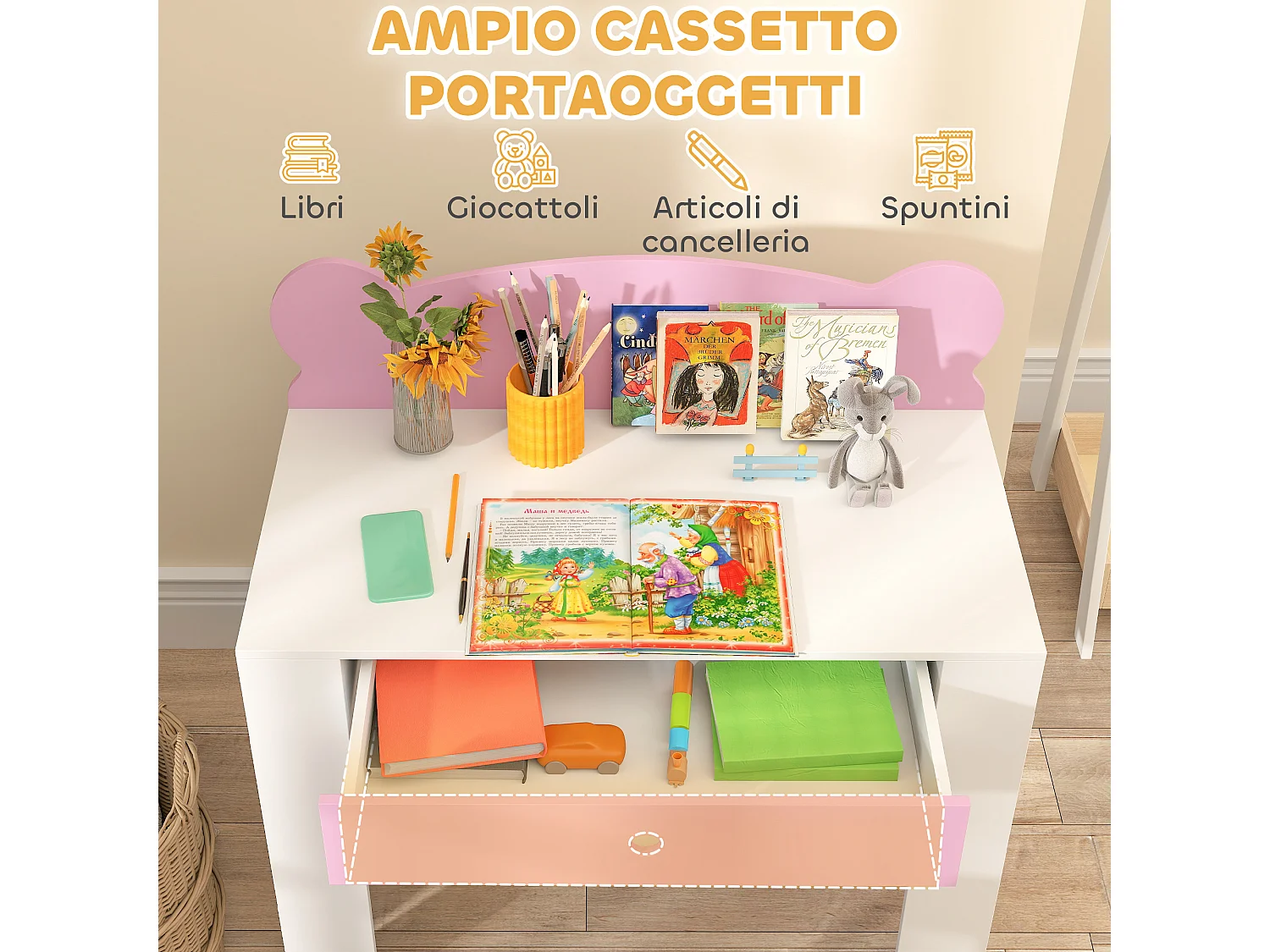 Set scrivania per bambini 3-8 anni con sedia a orsetto rosa