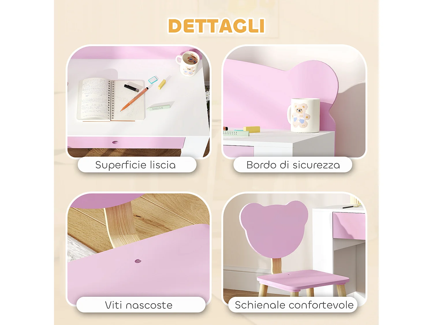 Set scrivania per bambini 3-8 anni con sedia a orsetto rosa