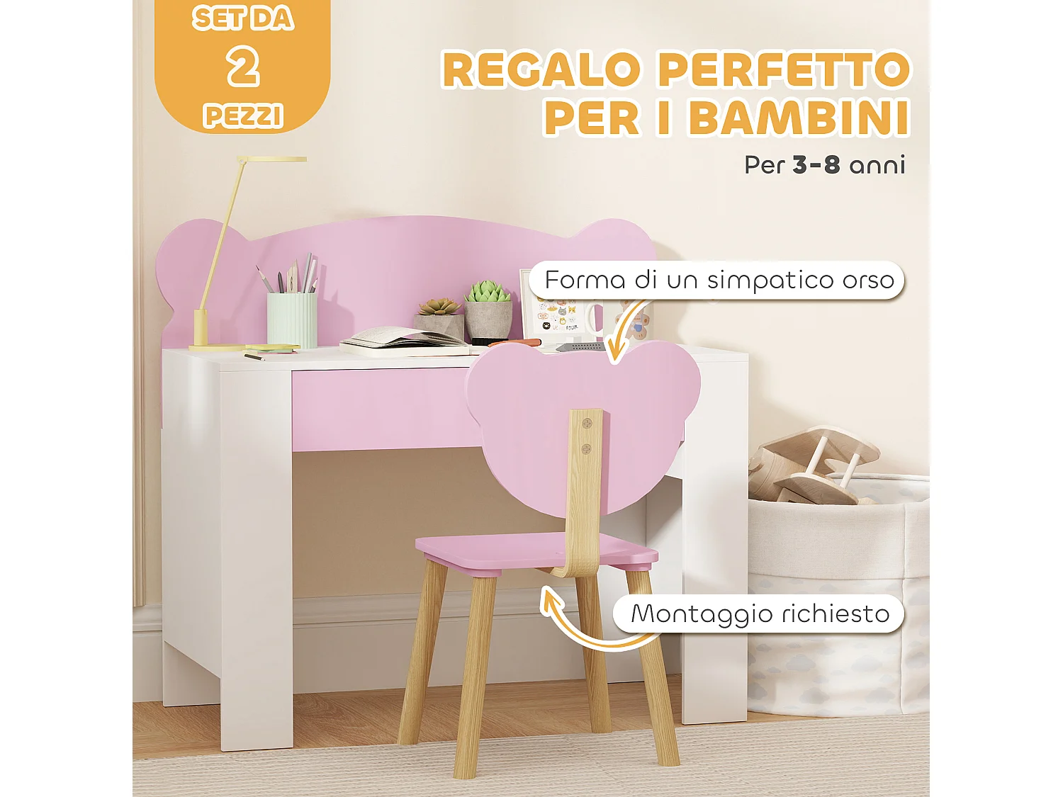 Set scrivania per bambini 3-8 anni con sedia a orsetto rosa