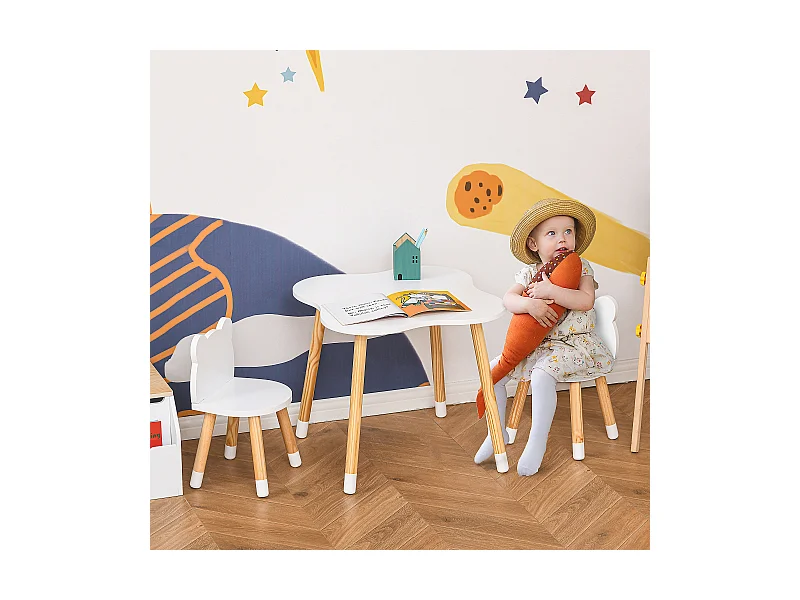 Set tavolino e 2 sedie per bambini a forma di orsetto in legno bianco