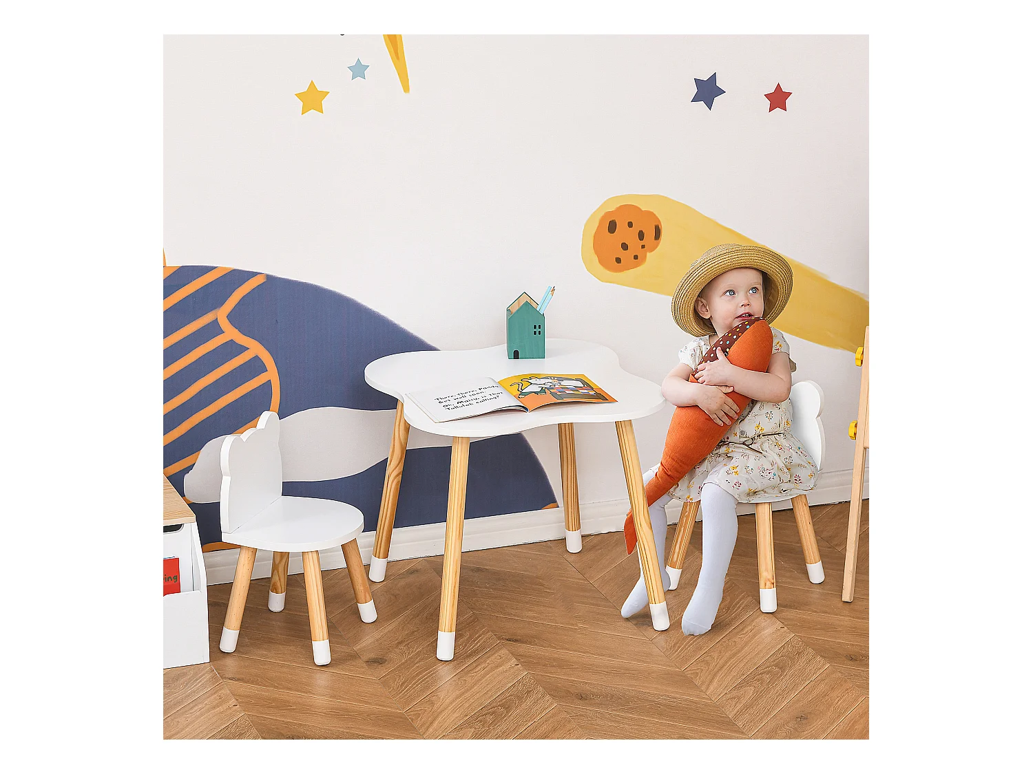 Set tavolino e 2 sedie per bambini a forma di orsetto in legno bianco