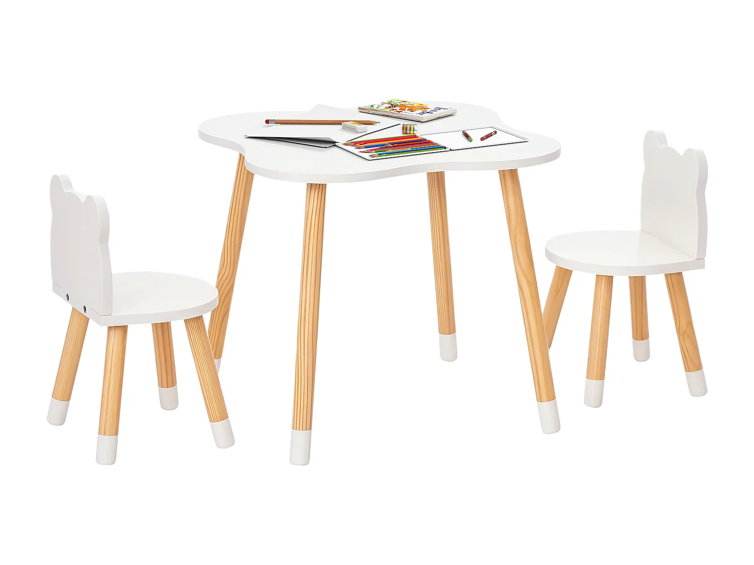 Set tavolino e 2 sedie per bambini a forma di orsetto in legno bianco