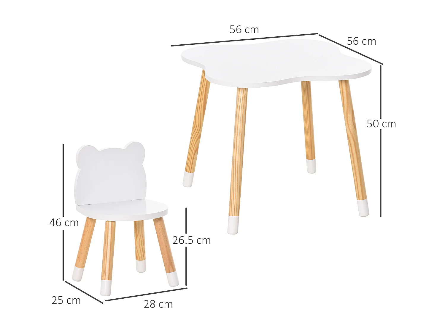 Set tavolino e 2 sedie per bambini a forma di orsetto in legno bianco