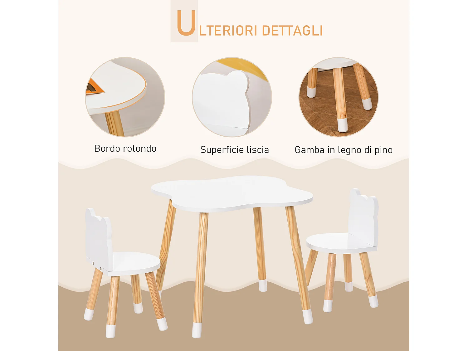 Set tavolino e 2 sedie per bambini a forma di orsetto in legno bianco