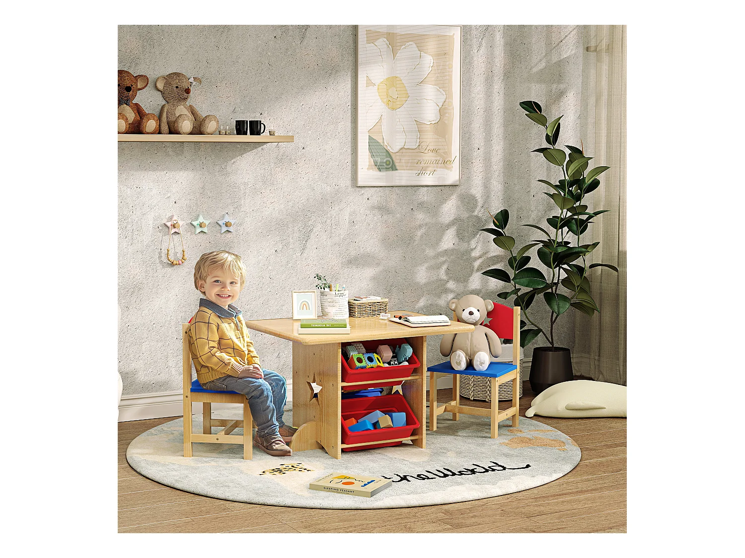 Set tavolo e sedie per bambini con 2 sedie e tavolo con 4 contenitori