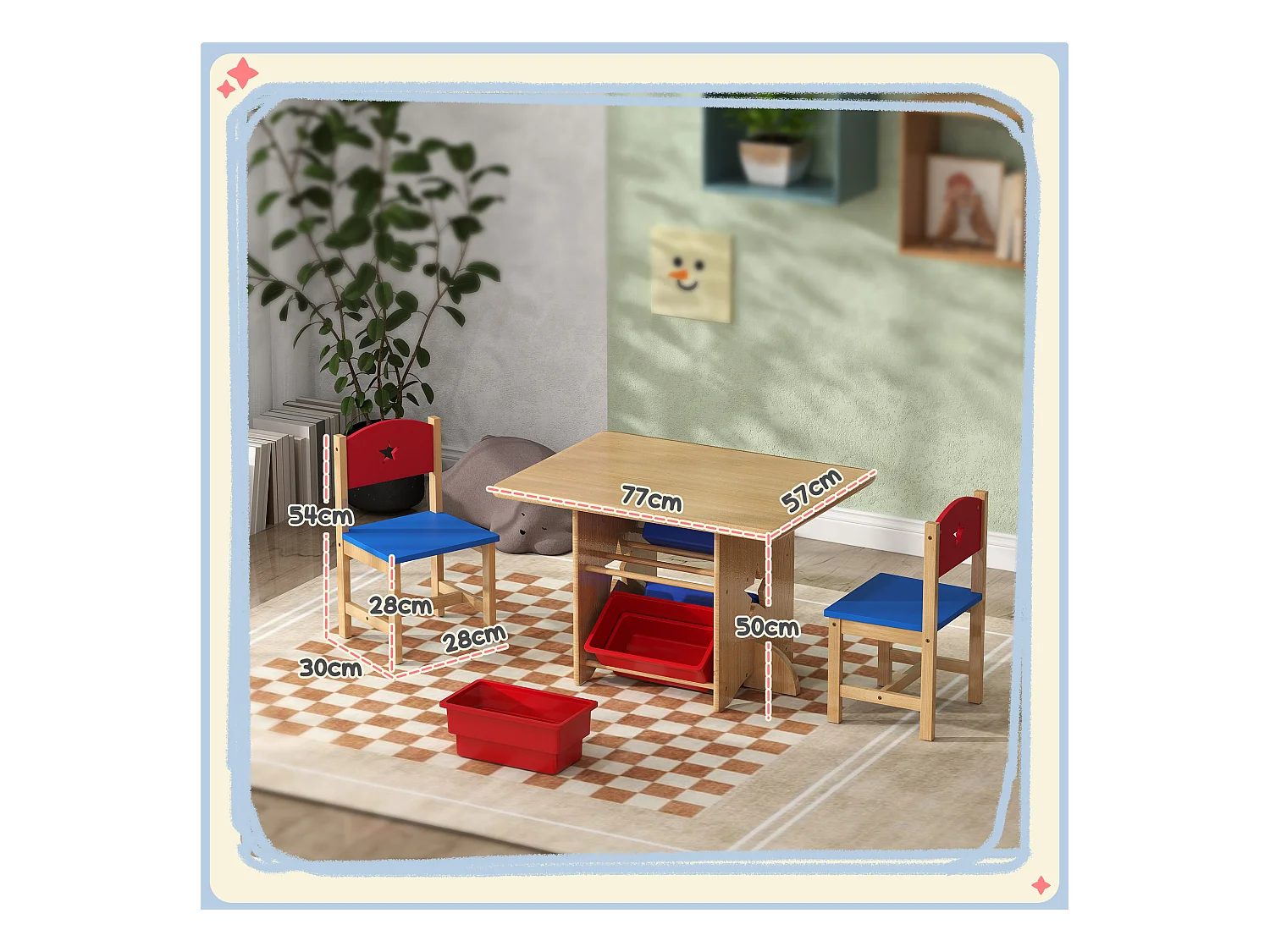 Set tavolo e sedie per bambini con 2 sedie e tavolo con 4 contenitori