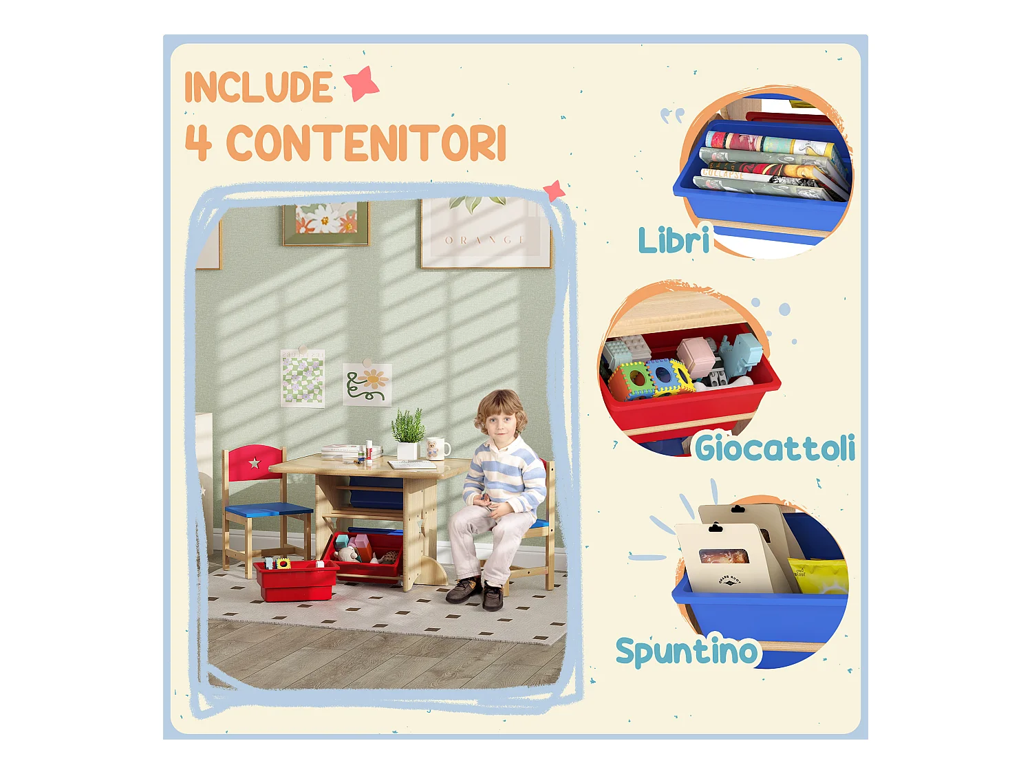 Set tavolo e sedie per bambini con 2 sedie e tavolo con 4 contenitori