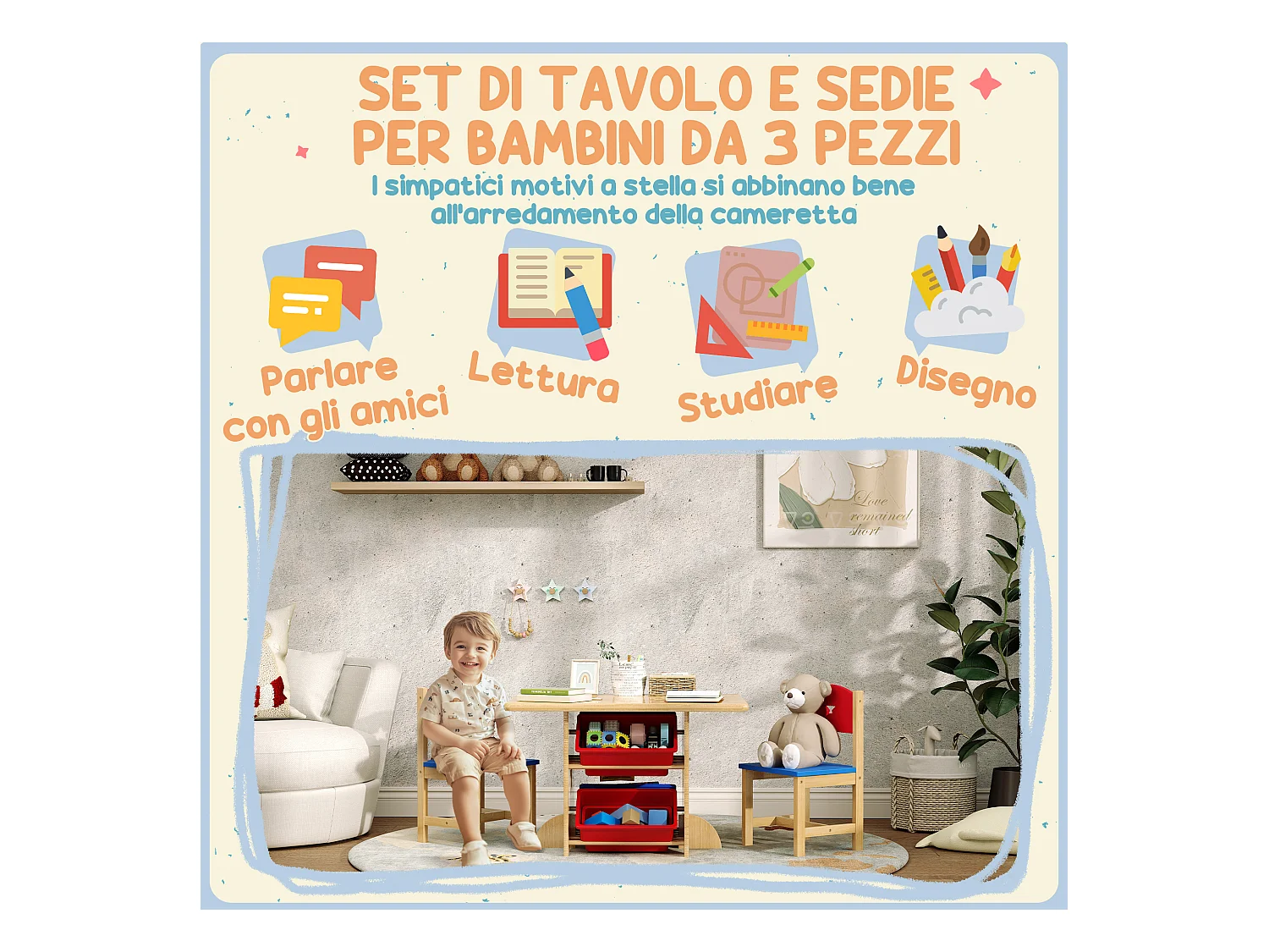 Set tavolo e sedie per bambini con 2 sedie e tavolo con 4 contenitori