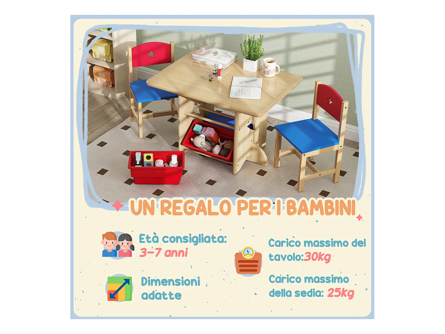 Set tavolo e sedie per bambini con 2 sedie e tavolo con 4 contenitori