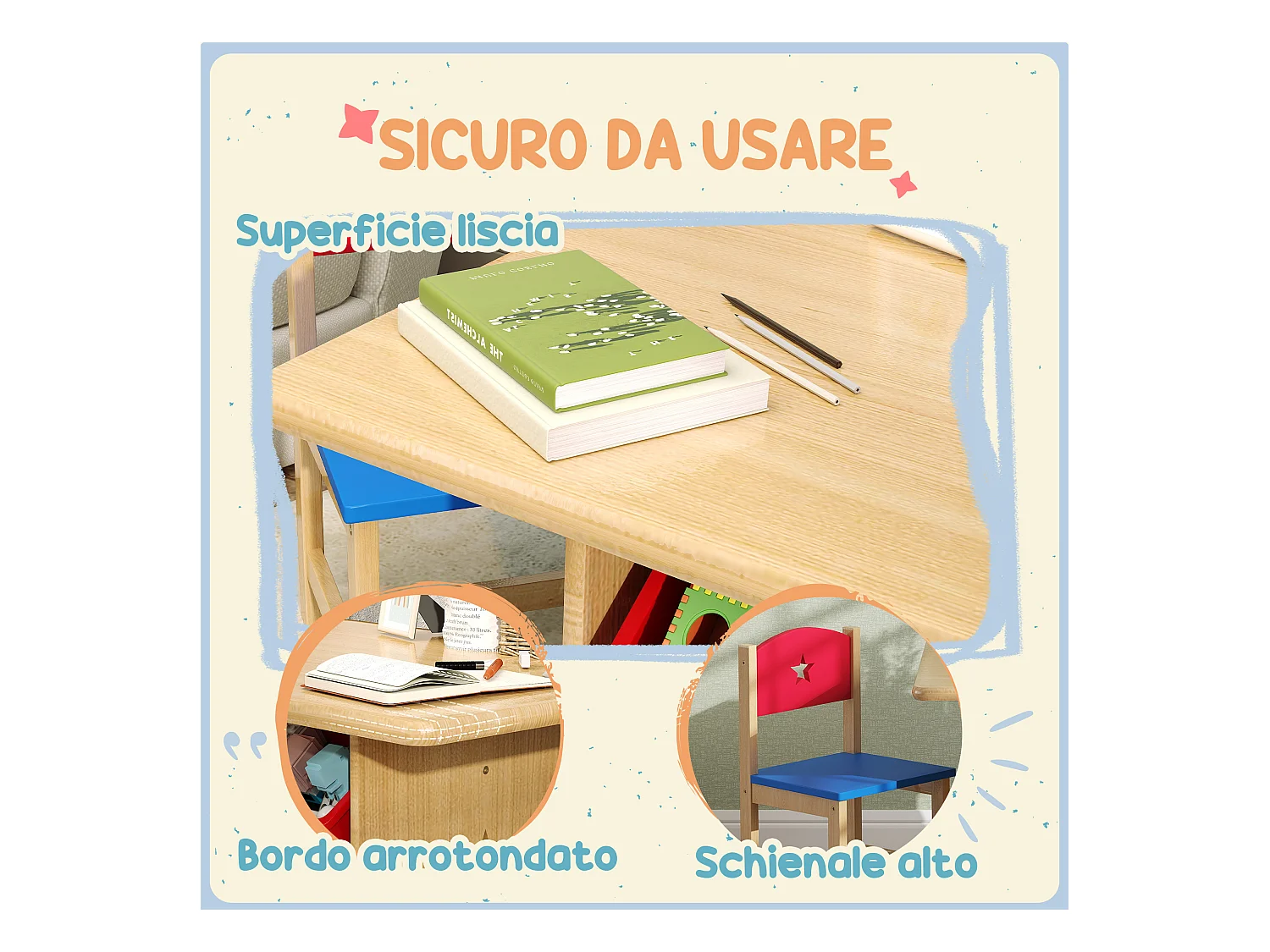 Set tavolo e sedie per bambini con 2 sedie e tavolo con 4 contenitori