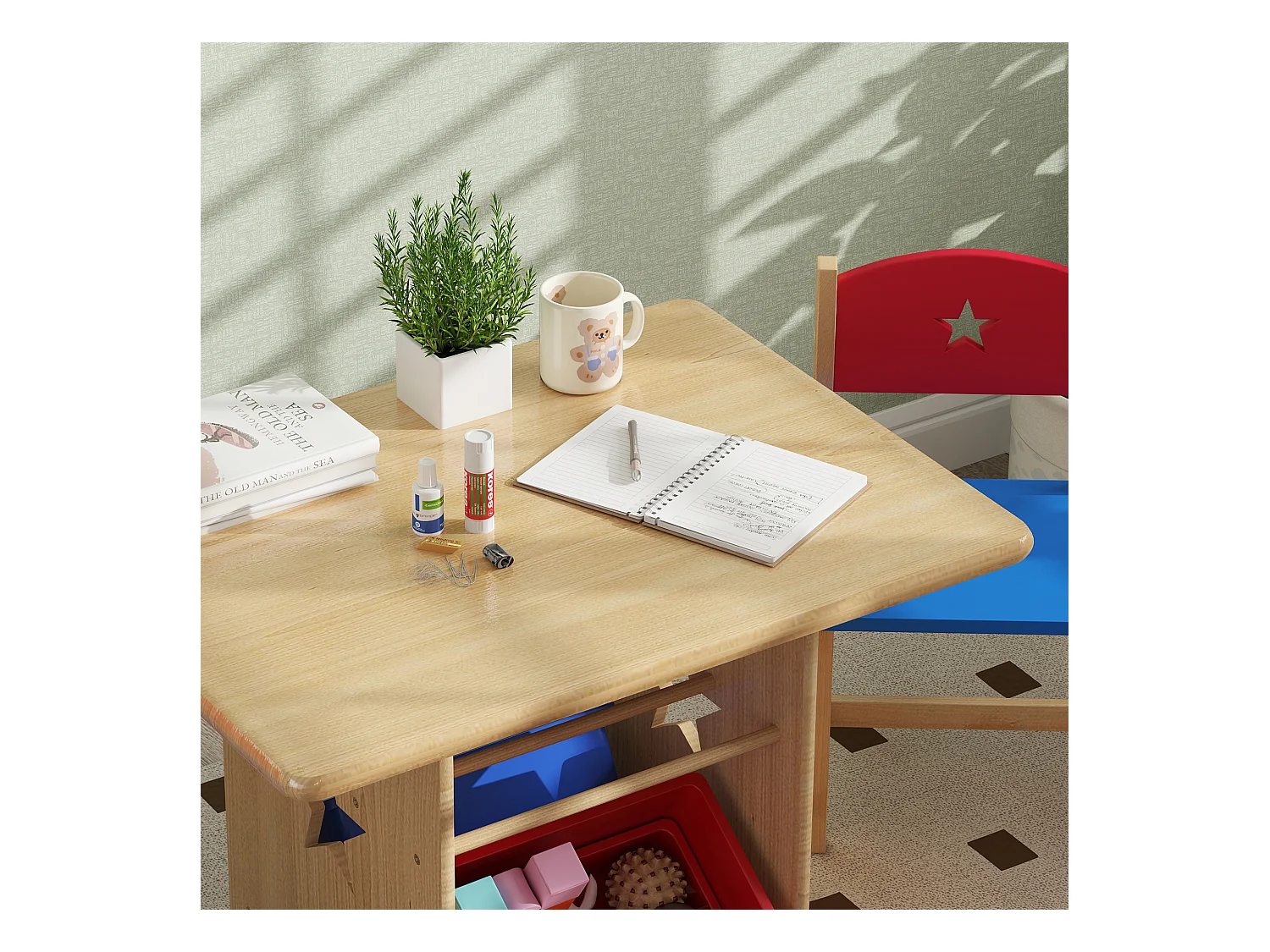 Set tavolo e sedie per bambini con 2 sedie e tavolo con 4 contenitori