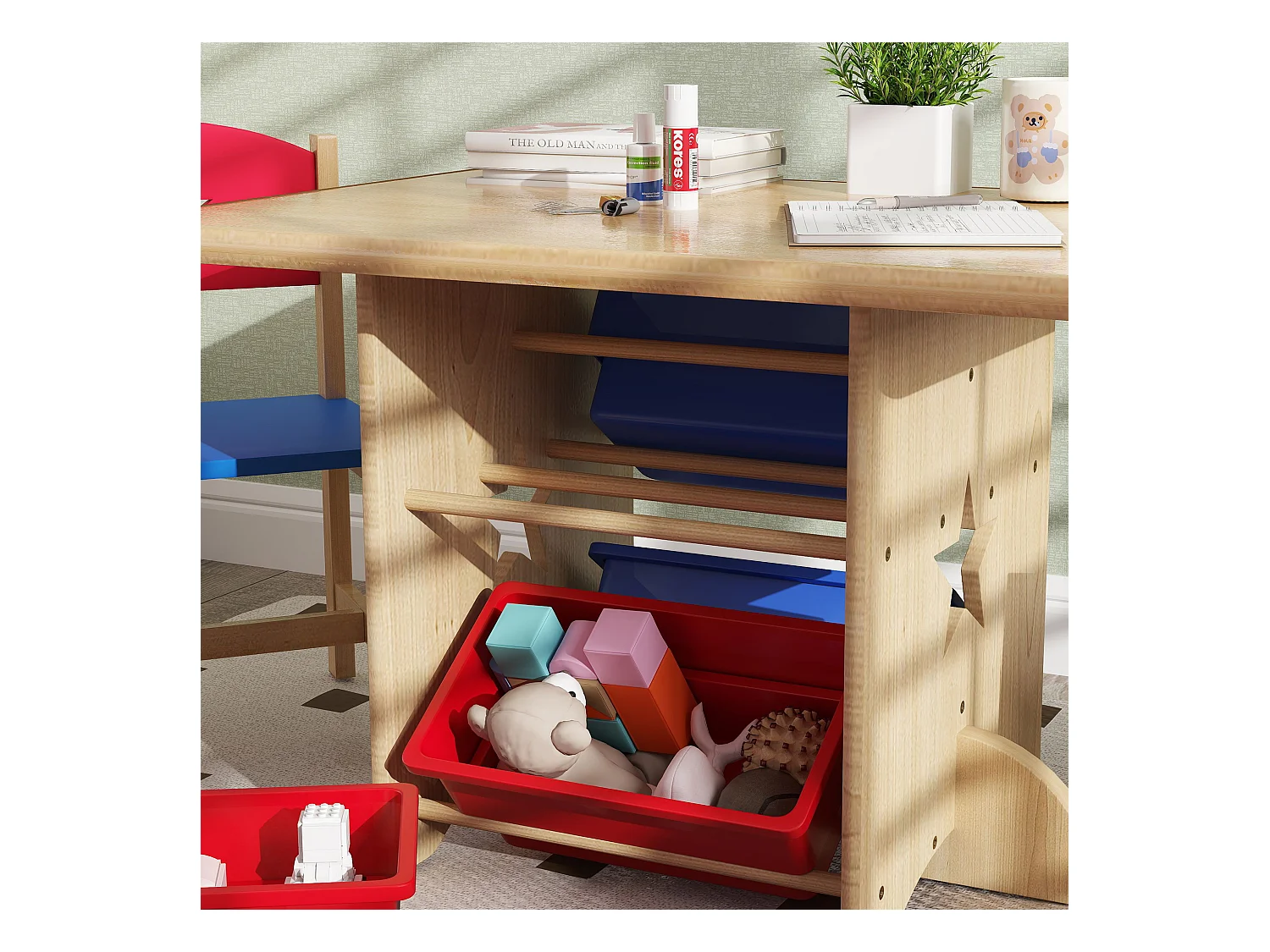 Set tavolo e sedie per bambini con 2 sedie e tavolo con 4 contenitori