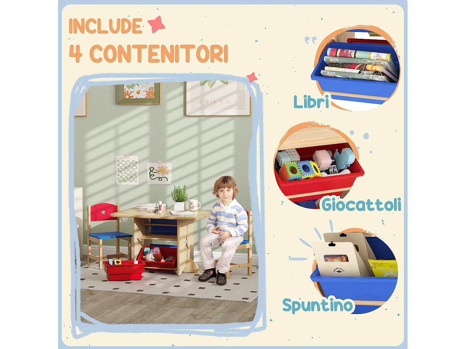 Set tavolo e sedie per bambini con 2 sedie e tavolo con 4 contenitori