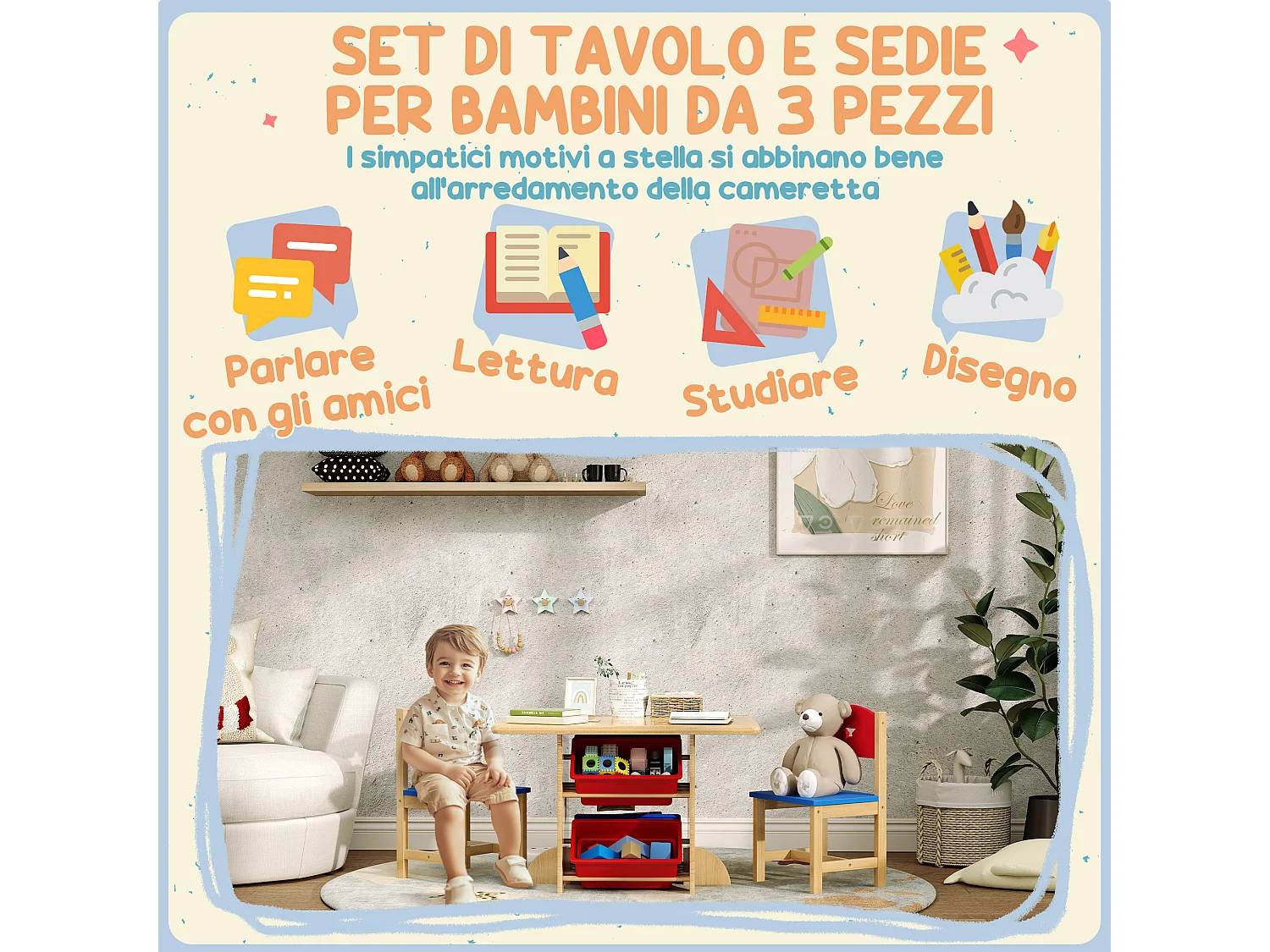 Set tavolo e sedie per bambini con 2 sedie e tavolo con 4 contenitori