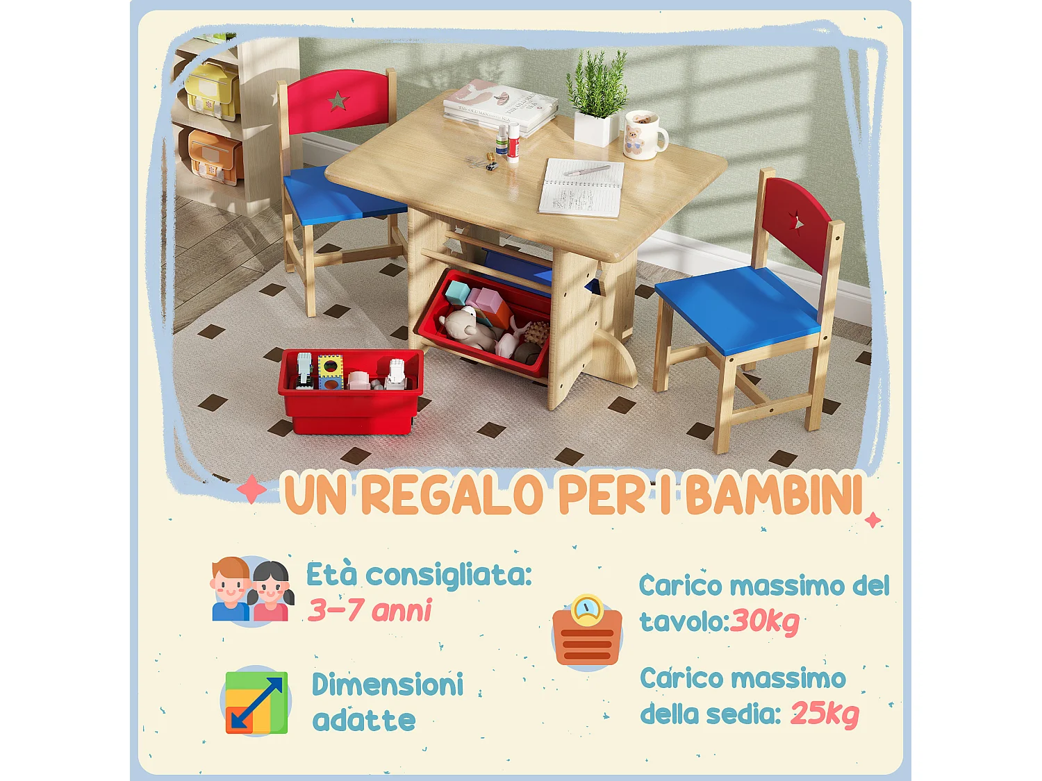 Set tavolo e sedie per bambini con 2 sedie e tavolo con 4 contenitori