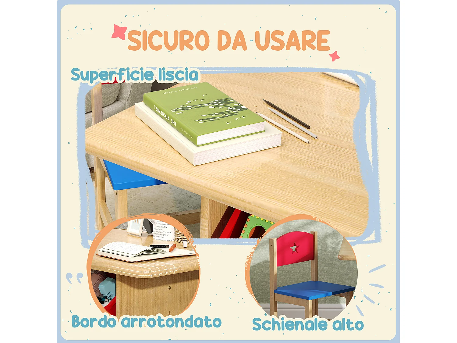 Set tavolo e sedie per bambini con 2 sedie e tavolo con 4 contenitori