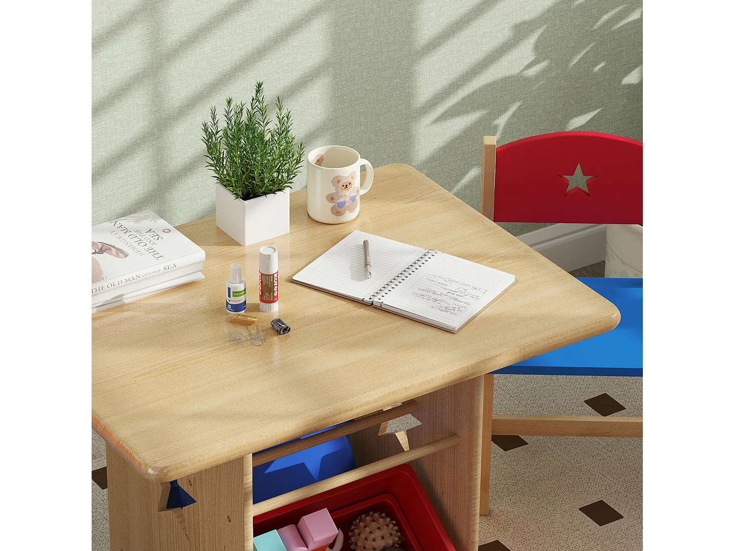 Set tavolo e sedie per bambini con 2 sedie e tavolo con 4 contenitori