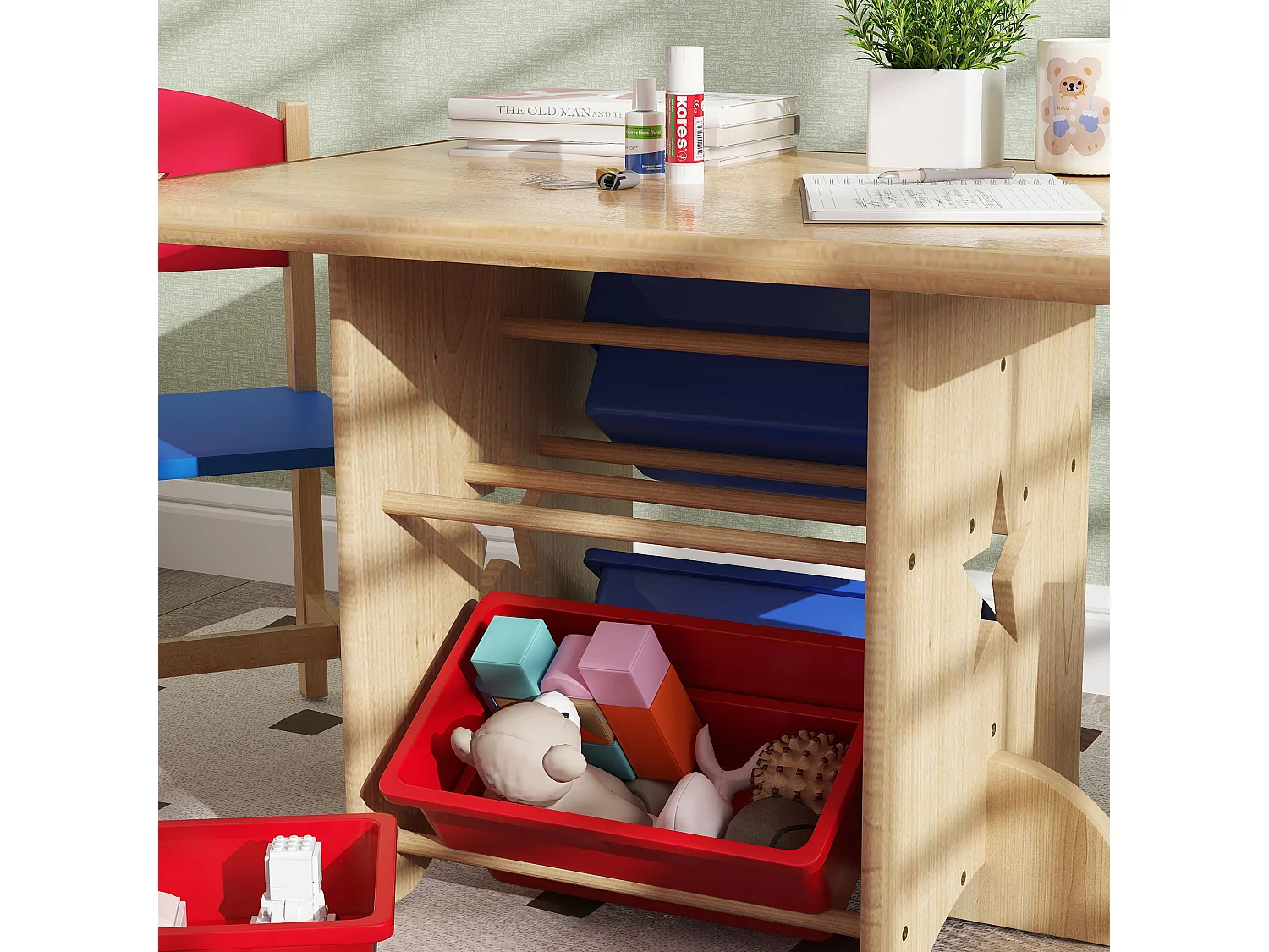 Set tavolo e sedie per bambini con 2 sedie e tavolo con 4 contenitori