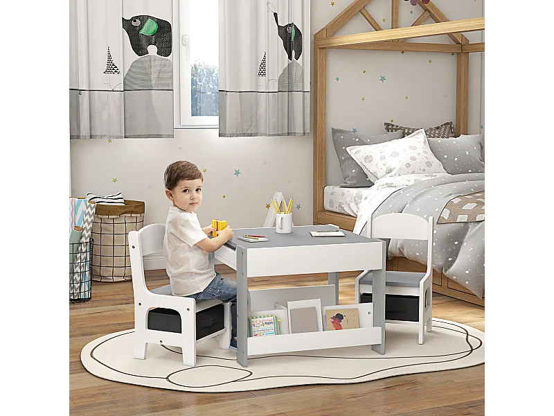 Set tavolino e 2 sedie per bambini con lavagna e contenitori grigio