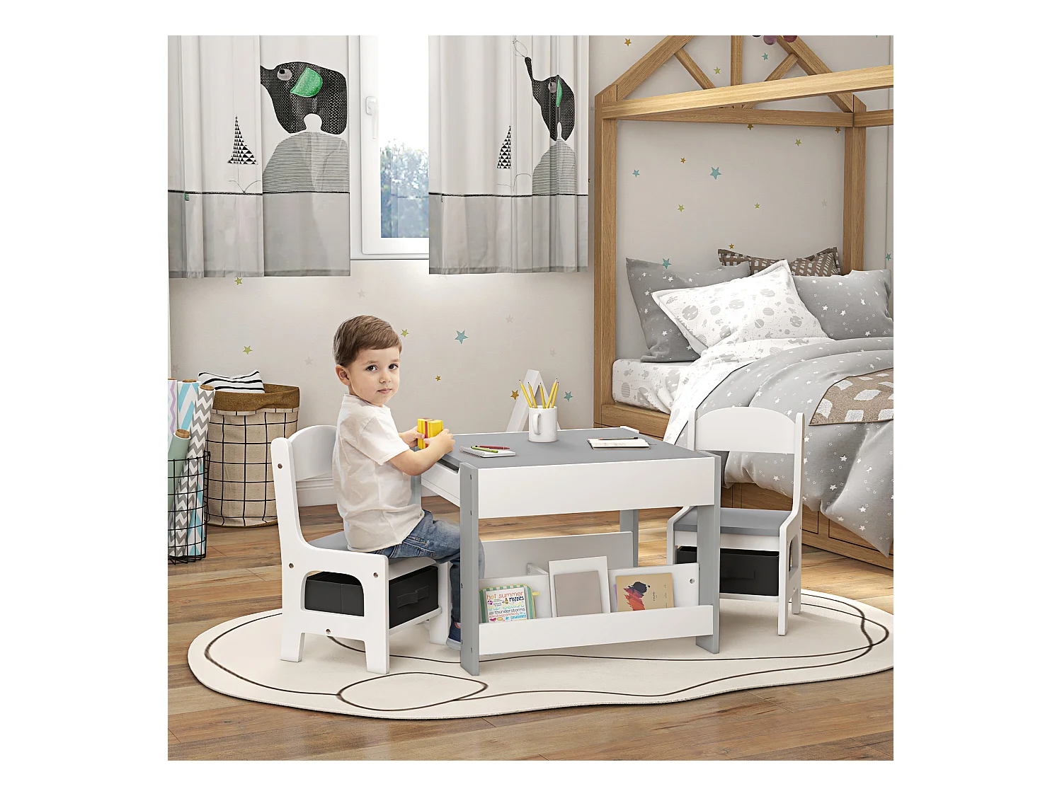 Set tavolino e 2 sedie per bambini con lavagna e contenitori grigio