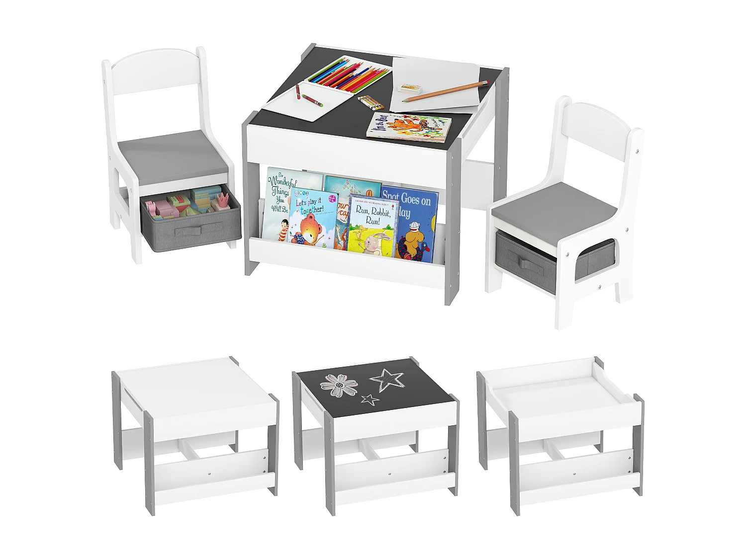 Set tavolino e 2 sedie per bambini con lavagna e contenitori grigio