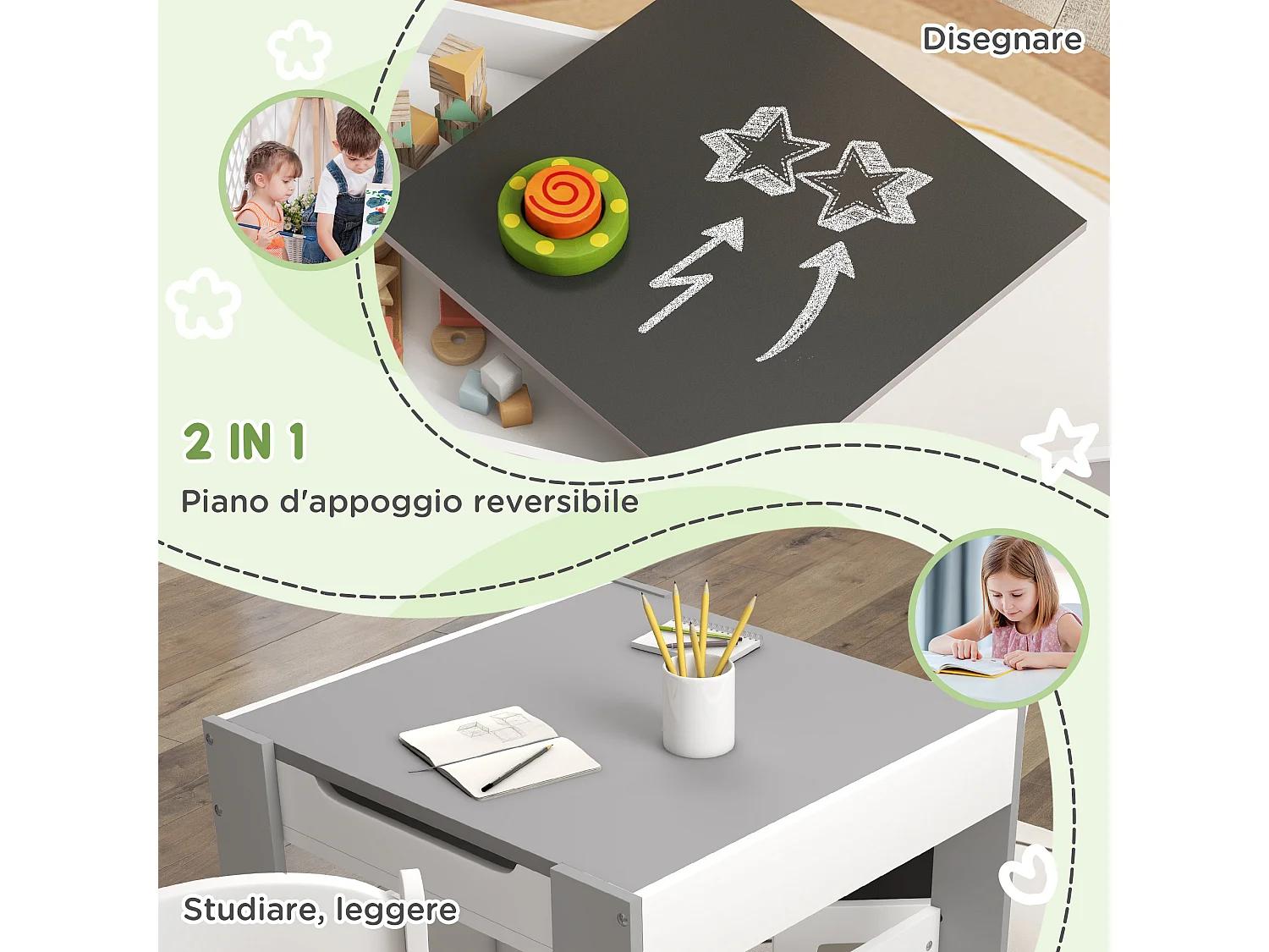 Set tavolino e 2 sedie per bambini con lavagna e contenitori grigio