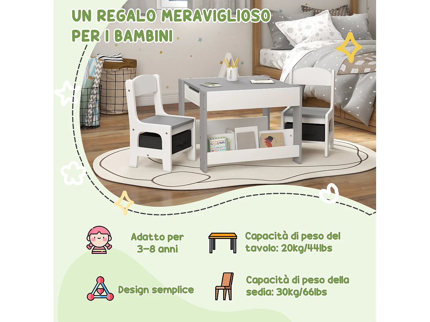 Set tavolino e 2 sedie per bambini con lavagna e contenitori grigio
