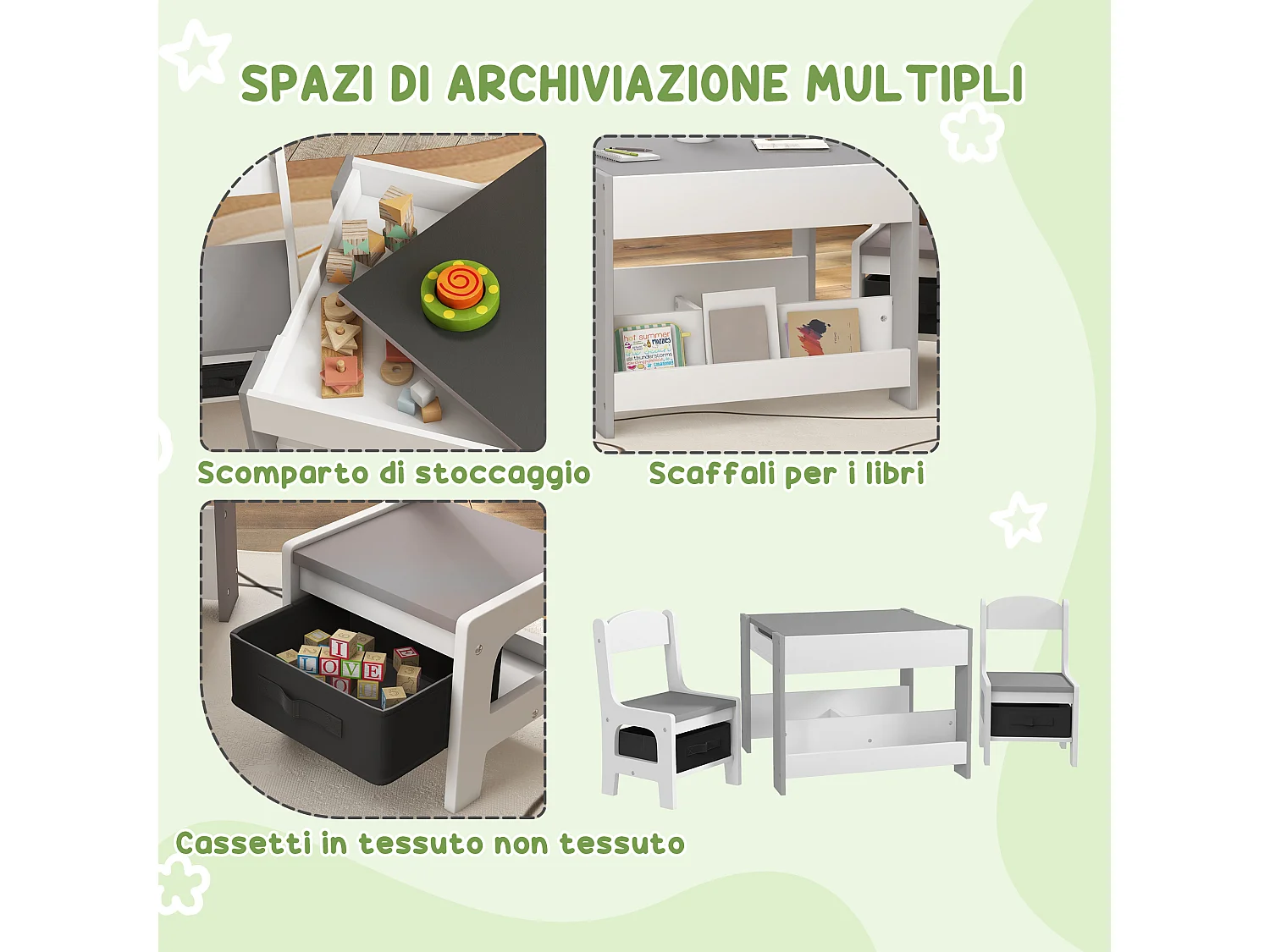 Set tavolino e 2 sedie per bambini con lavagna e contenitori grigio