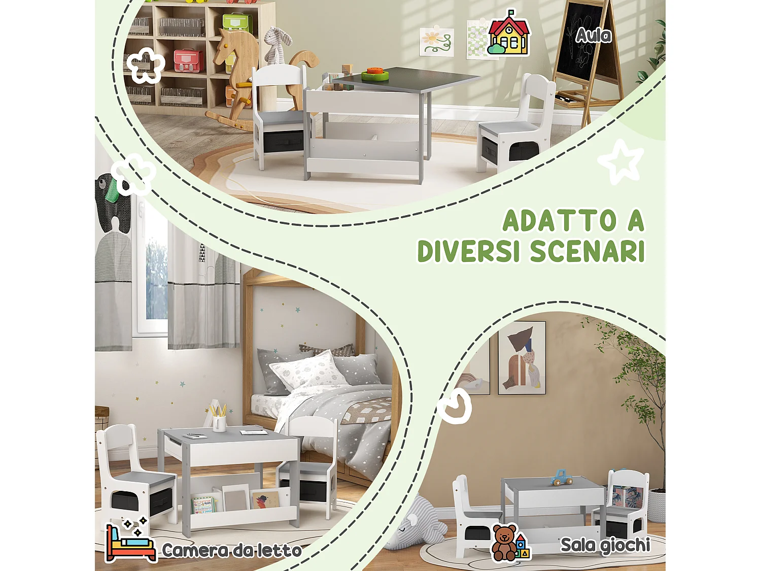 Set tavolino e 2 sedie per bambini con lavagna e contenitori grigio