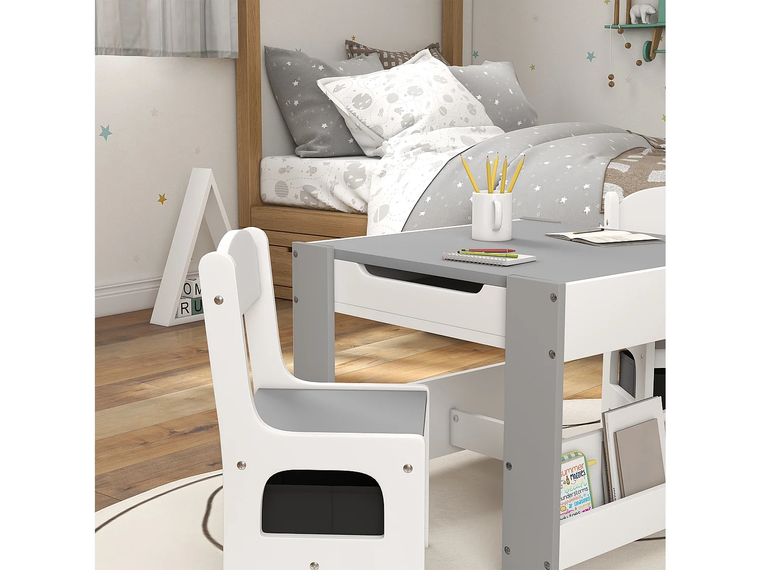 Set tavolino e 2 sedie per bambini con lavagna e contenitori grigio