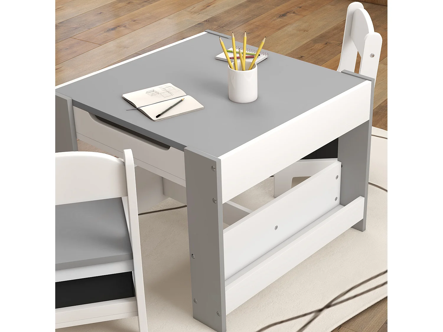 Set tavolino e 2 sedie per bambini con lavagna e contenitori grigio