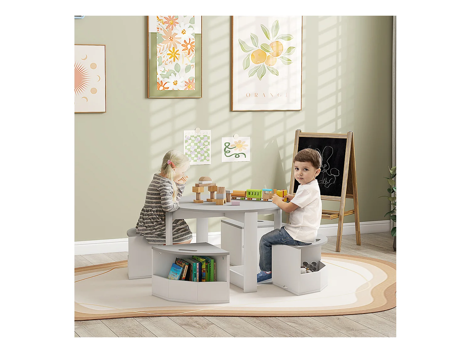 Set tavolo per bambini e 4 sgabelli con vano contenitore grigio