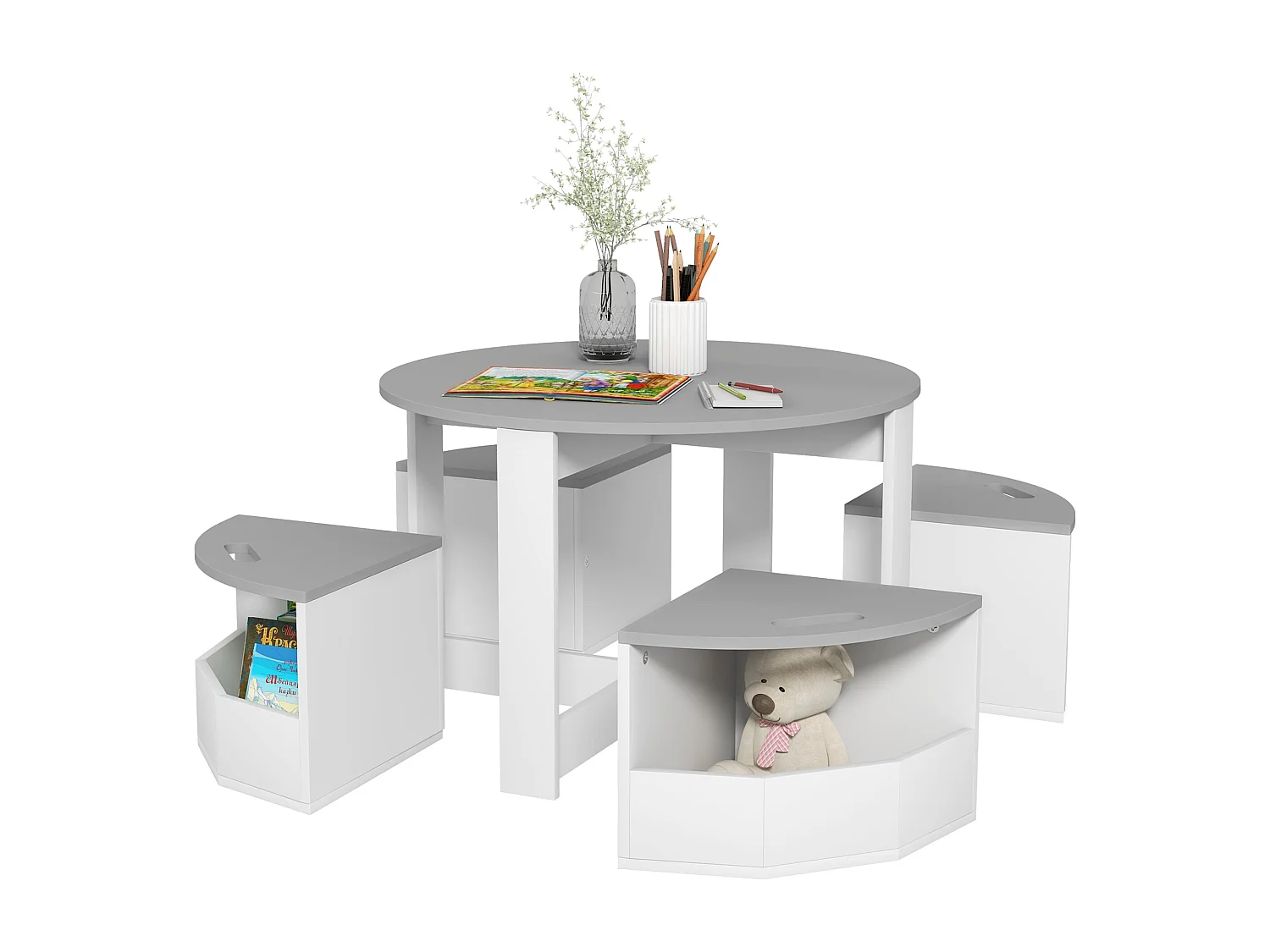 Set tavolo per bambini e 4 sgabelli con vano contenitore grigio