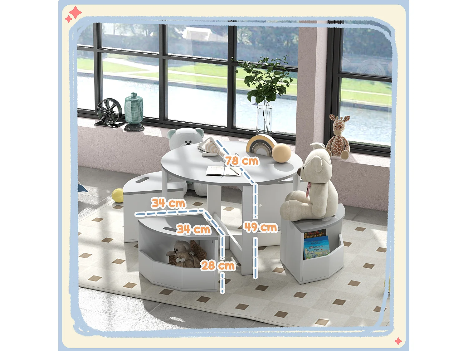 Set tavolo per bambini e 4 sgabelli con vano contenitore grigio