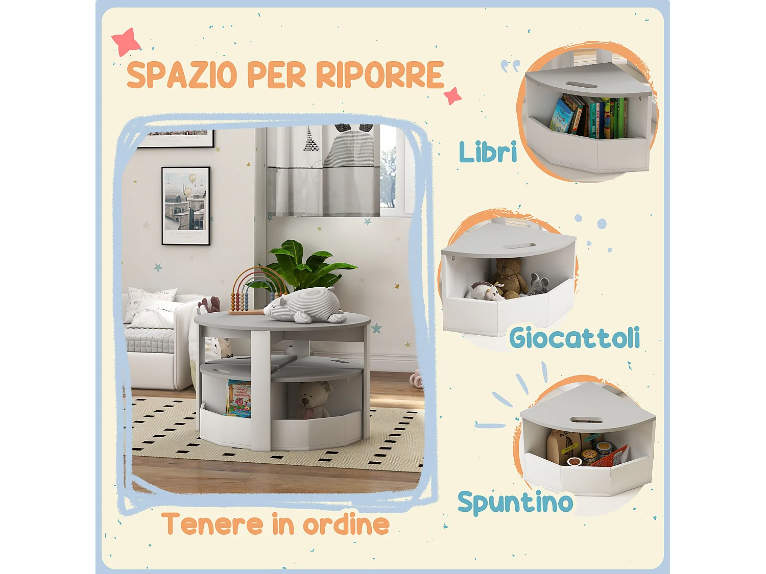 Set tavolo per bambini e 4 sgabelli con vano contenitore grigio